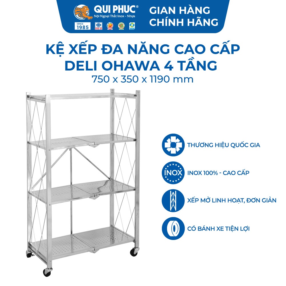 [Chính hãng Qui Phúc] Kệ xếp inox đa năng cao cấp OHAWA 4 tầng, có bánh xe di chuyển tiện lợi