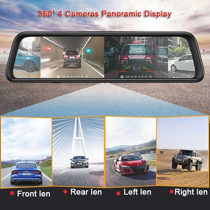 Camera hành trình 360 độ gương ô tô cao cấp K960 5 trong 1 gồm Camera hành trình 360 độ, camera giam sát, thiết bị Android giải trí, thiết bị kết nối internet