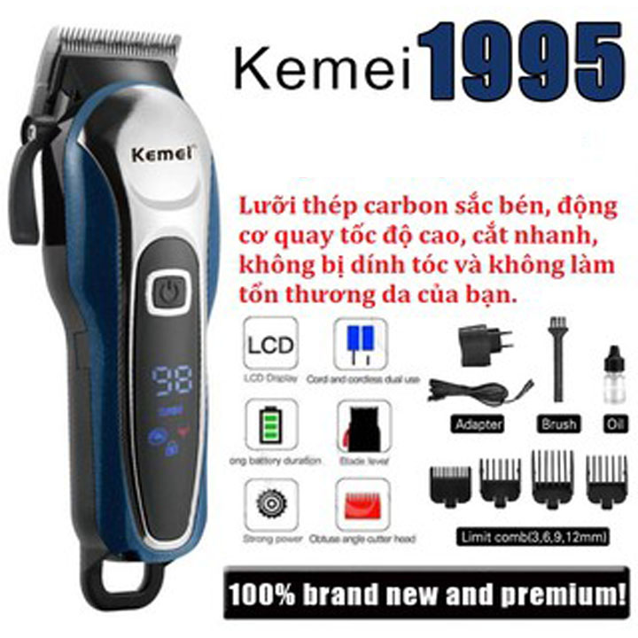 Tông Đơ Cắt Tóc Không Dây Chuyên Nghiệp Kemei KM-1995, máy cắt tóc, cho thợ chuyên nghiệp, gia đình - Hàng Chính Hãng