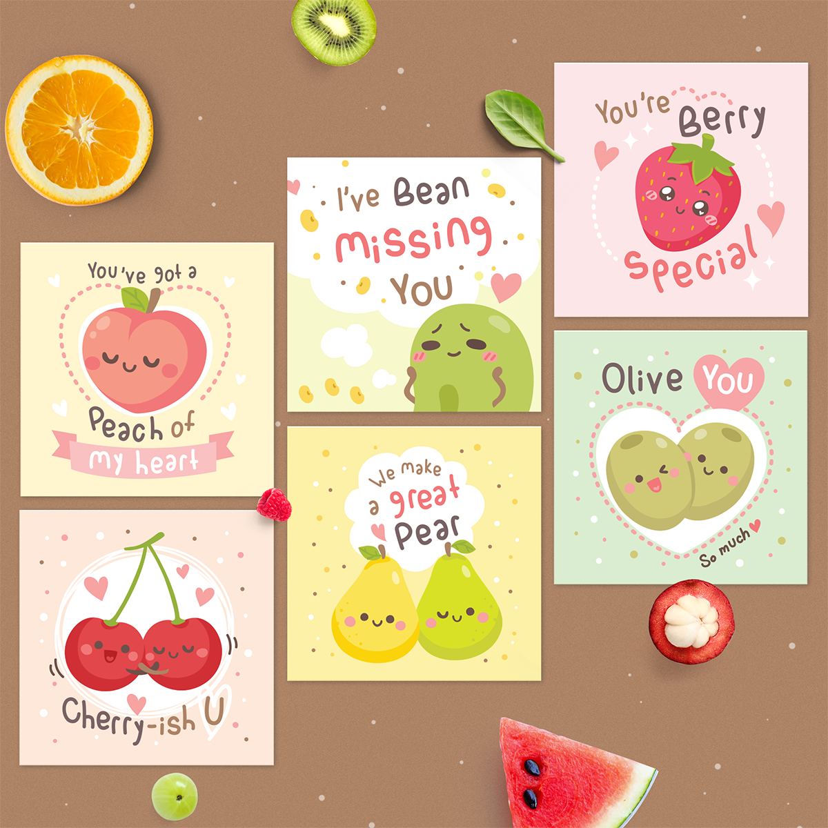 Set 6 thiệp tình yêu, valentine, tỏ tình, cặp đôi SDstationery FRUITY 2x12 minh họa trái cây dễ thương cute thông điệp tiếng Anh vui nhộn