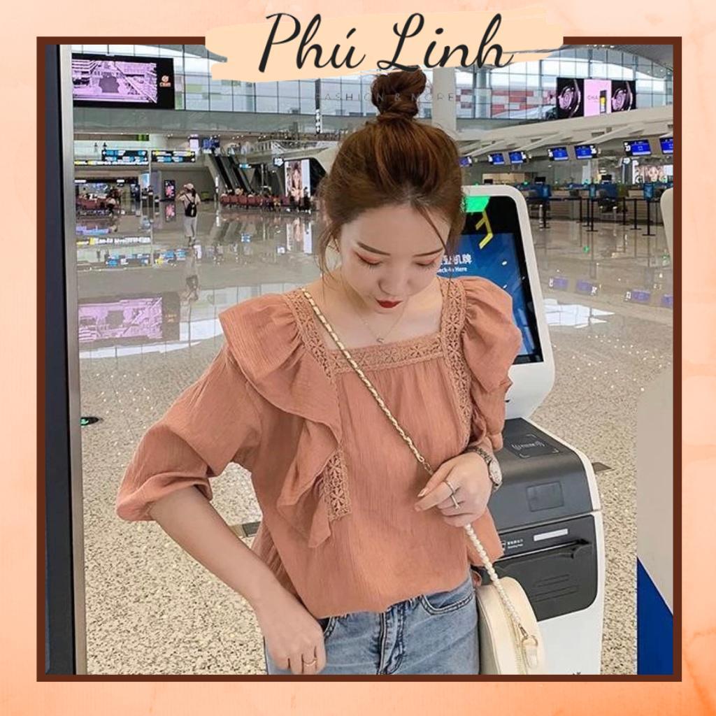 MS688 Áo kiểu nữ bèo cổ vuông ren tay lỡ chất đũi mát xuân hè