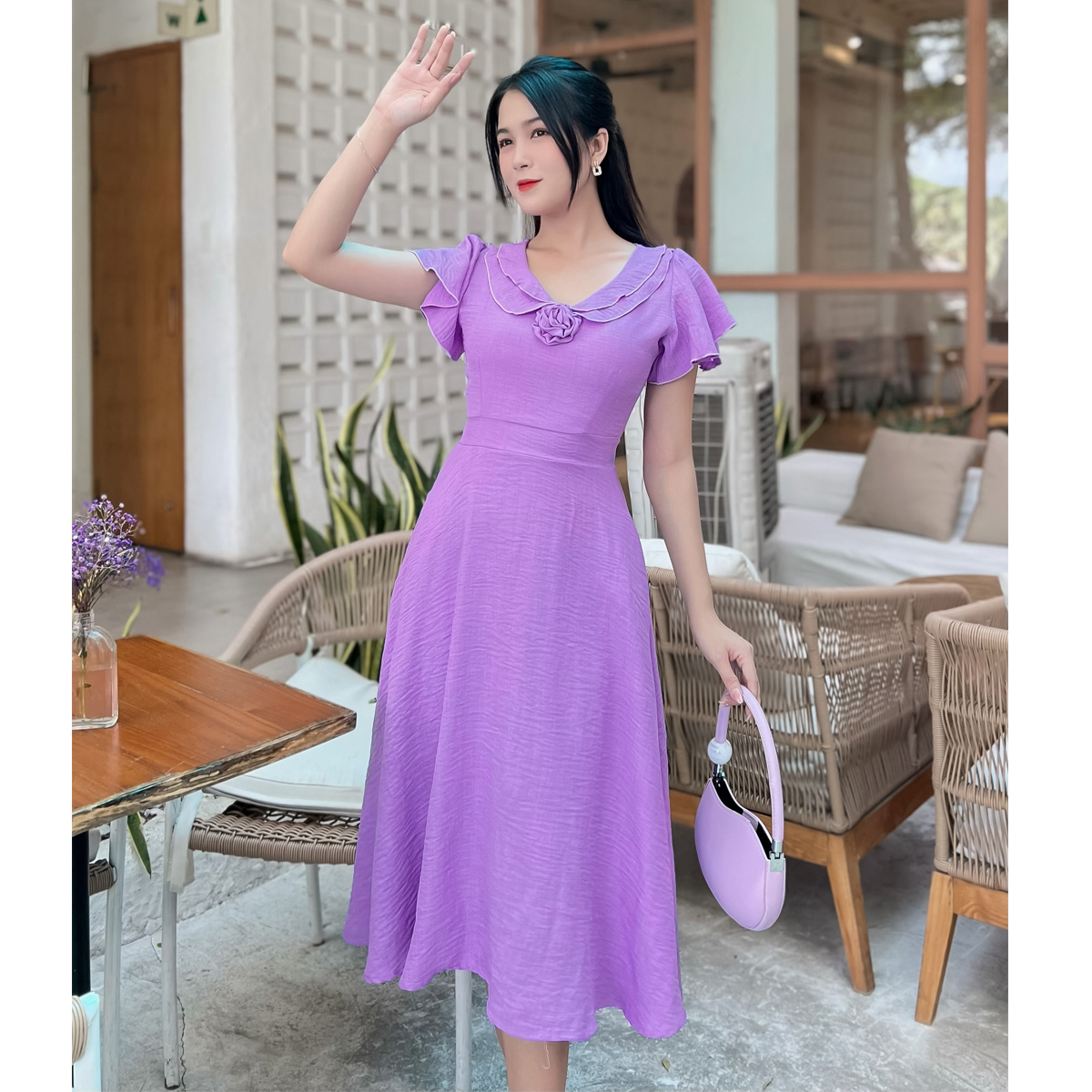 [HCM] Đầm xòe 2 lá cổ gắn hoa dễ thương D087 - Khánh Linh Style - Ladyfashion