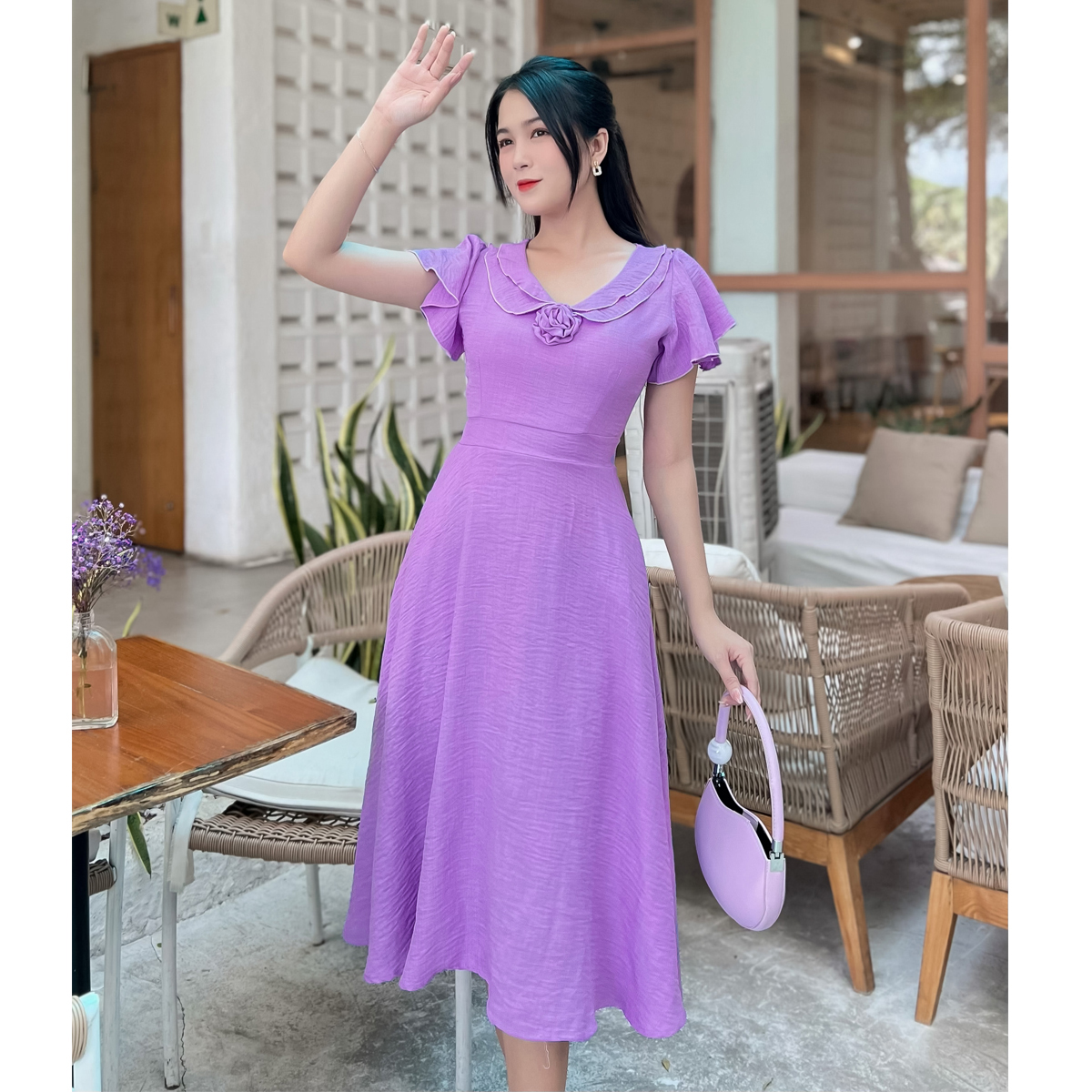 Đầm xòe 2 lá cổ gắn hoa dễ thương D087 - Khánh Linh Style - Ladyfashion