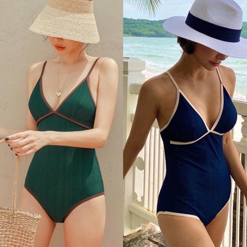 bikini liền mảnh cúp ngực viền dây màu xanh than/ xanh lá