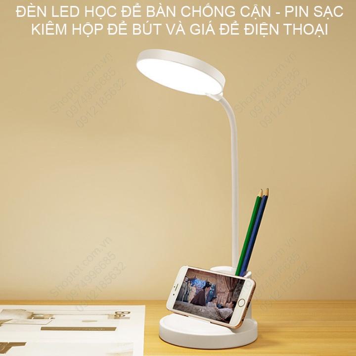 Đèn led học chống cận, tích điện, có hộp để bút và giá để điện thoại, ánh sáng 3 màu, điều chỉnh độ sáng vô cấp