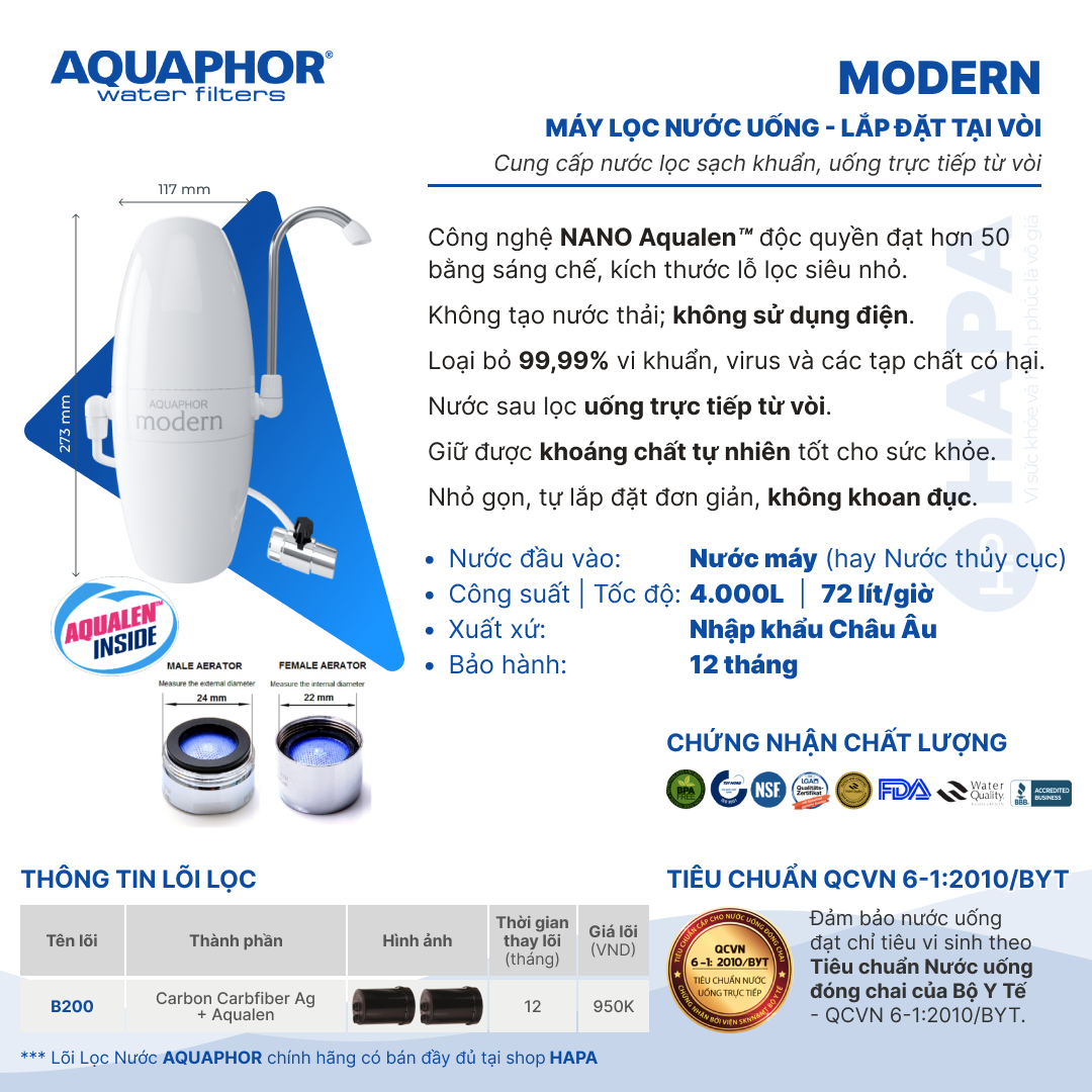 Máy Lọc Nước Uống Trực Tiếp AQUAPHOR MODERN - Công nghệ NANO Aqualen độc quyền - Hàng Chính Hãng, Nhập Khẩu Châu Âu