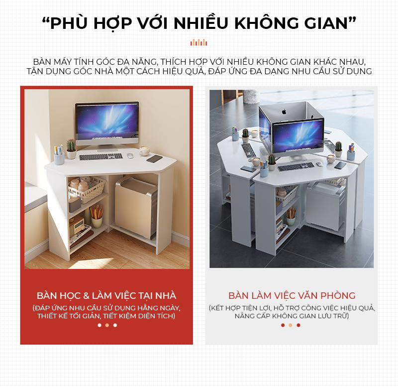 Bàn làm việc góc tường có chỗ để cây máy tính, bàn học sinh, bàn sinh viên, bàn văn phòng tiết kiệm diện tích - GP386