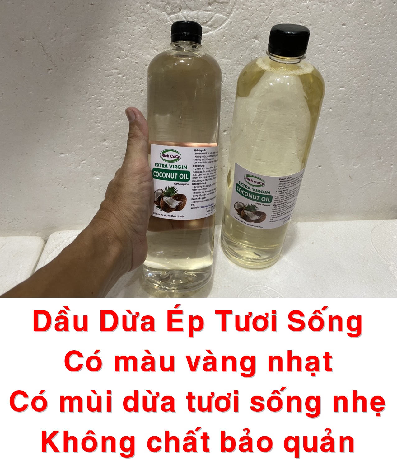 DẦU DỪA HỮU CƠ ÉP LẠNH - RICH COCO – EXTRA VIRGIN COCONUT OIL – CHAI 1 LÍT