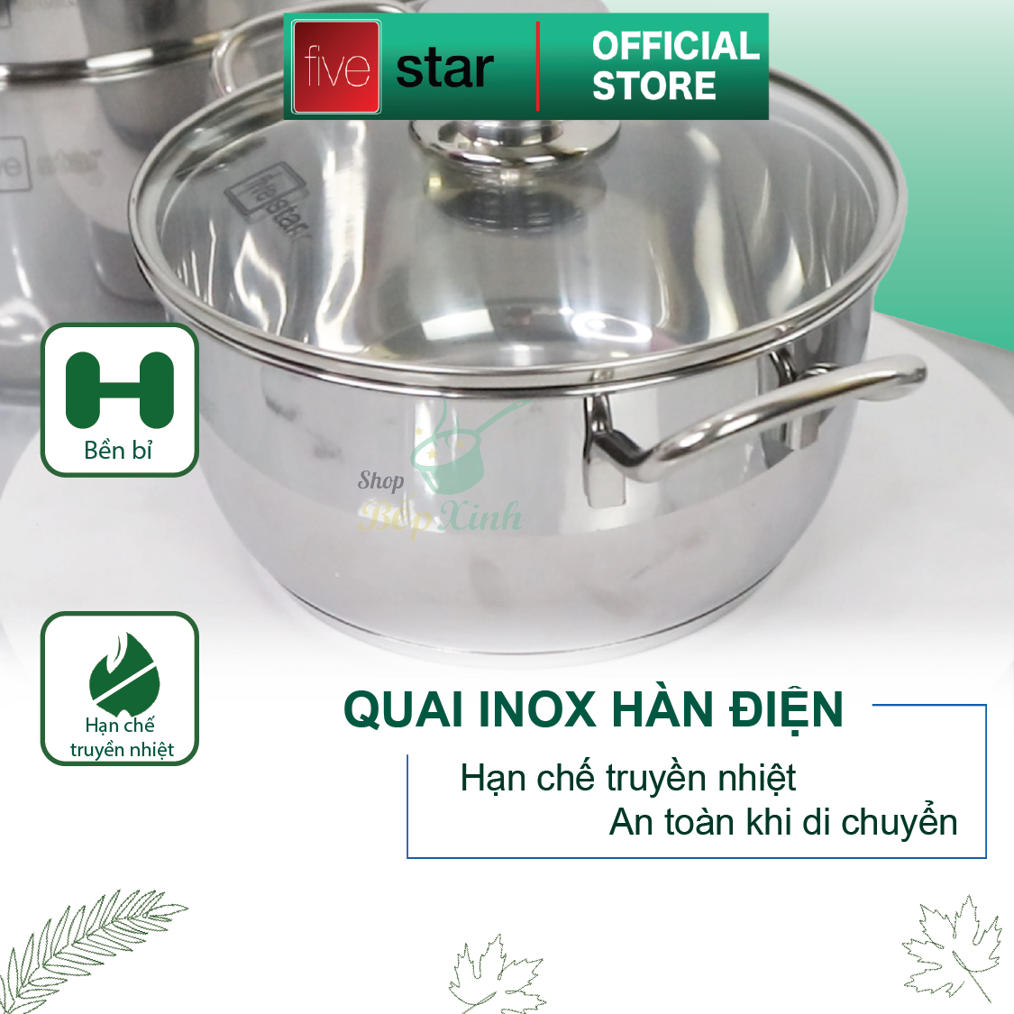 Bộ Nồi và chảo 3 Đáy Inox 430 Fivestar Standard bếp từ nắp kính