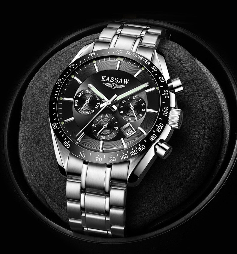 Đồng hồ nam chính hãng Kassaw K851-1 hàng mới 100% ,kính sapphire chống nước,chống xước,máy cơ (Automatic),dây kim loại trắng thép không gỉ 316L ,kiểu dáng thể thao ,mặt đen 3 núm