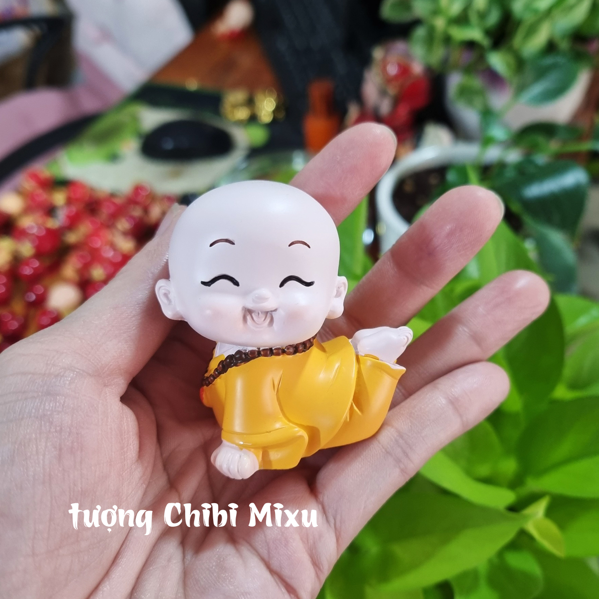 Bộ 02 tượng chú tiểu áo vàng kèm mõ hình cá gỗ