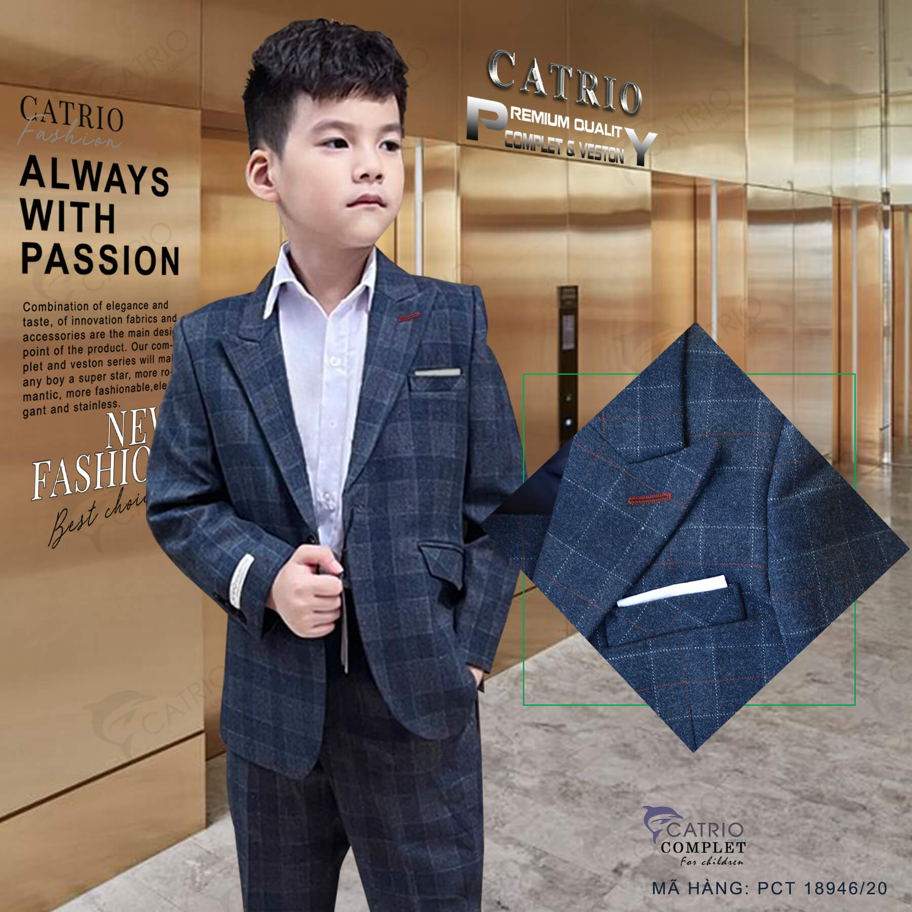 BỘ VEST TRẺ EM CATRIO PCT18946/20 là bộ suit bé trai từ 2 tuổi _ 7 tuổi (11KG .. 28KG), gồm 3 chi tiết ÁO VEST+QUẦN DÀI+ÁO GHILE GILET, vải dạ mềm mượt hoạ tiết kẻ chìm sang trọng bậc nhất trong tiệc cưới hỏi biểu diễn dạ hội