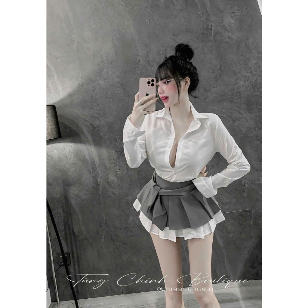 Sét sơ mi dài tay mix chân váy ly phối tặng cà vạt  LD781 BY JOLIE - kẻ xám, kẻ xám