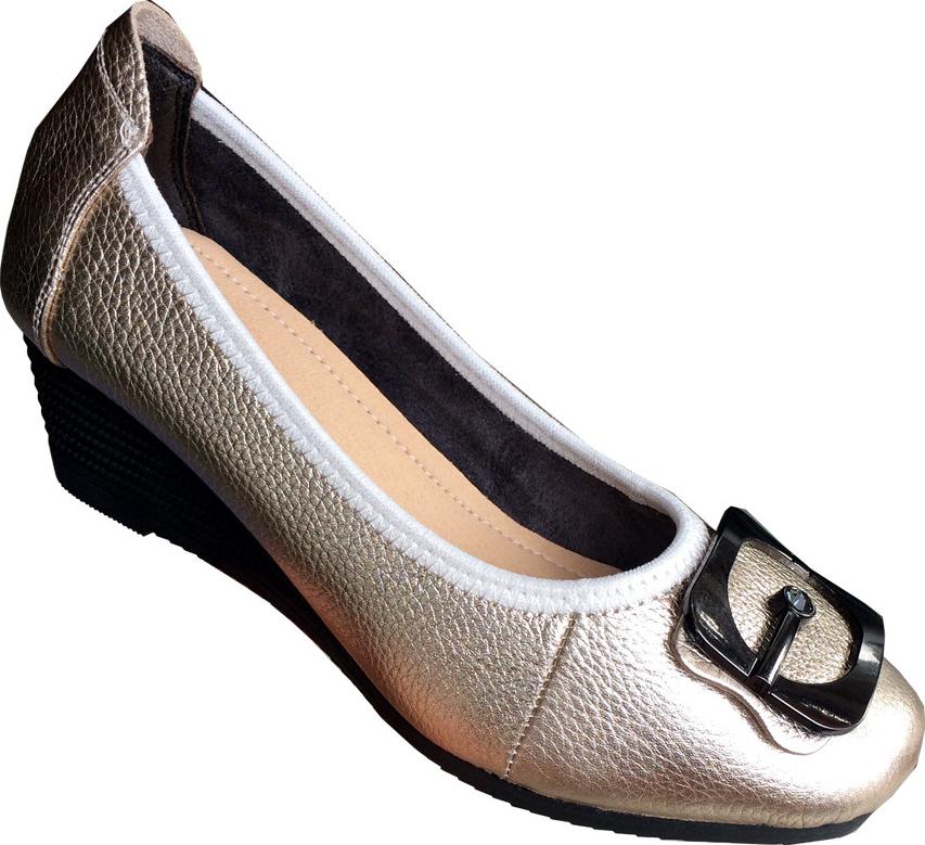 Giày nữ Trường Hải đế xuồng cao 5cm mũi vuông  da bò cao cấp màu bạc DX217