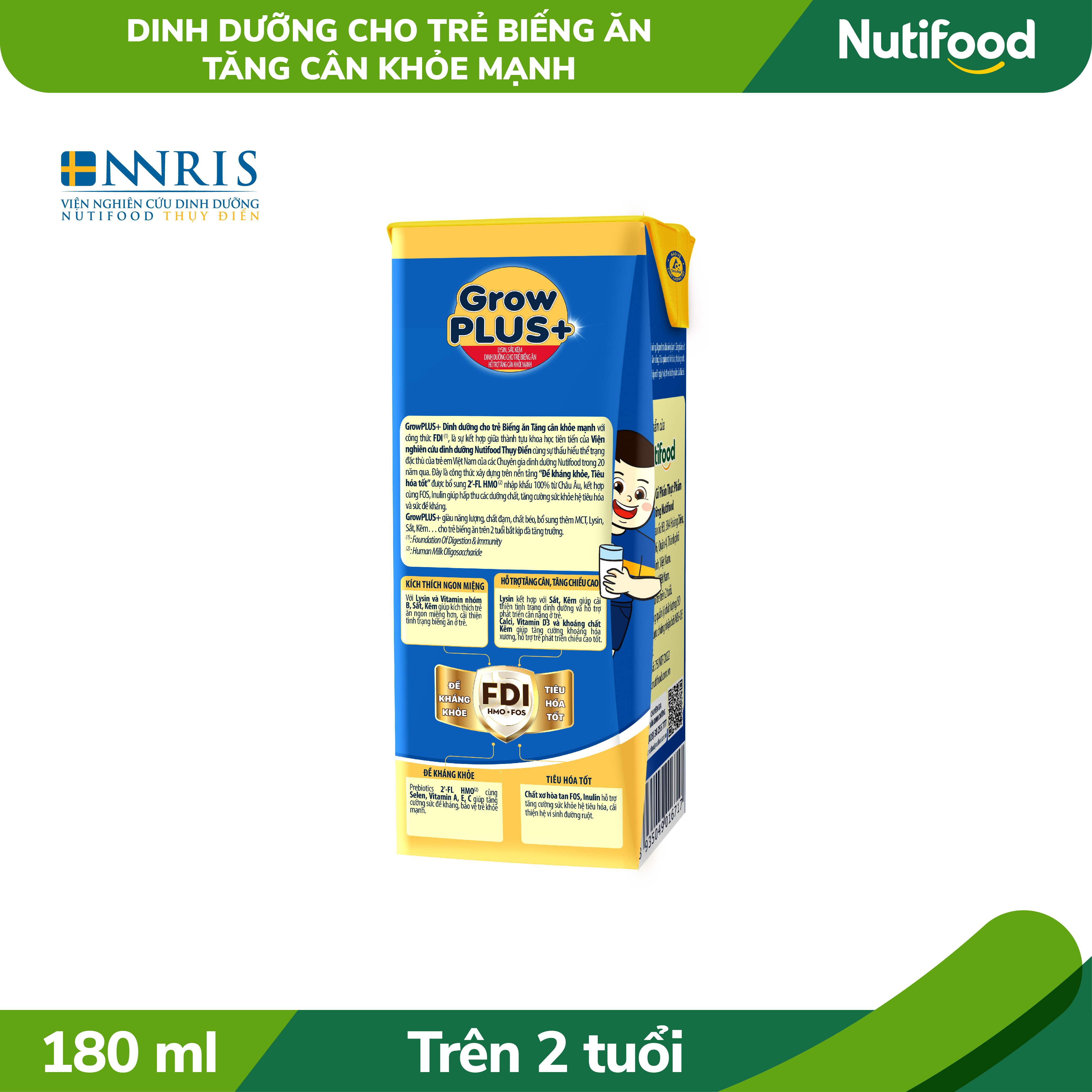 Thùng Sữa bột pha sẵn GrowPLUS+ Biếng ăn (XANH) cho trẻ tăng cân khoẻ mạnh (Trên 2 tuổi) (48 hộp x 180ml)
