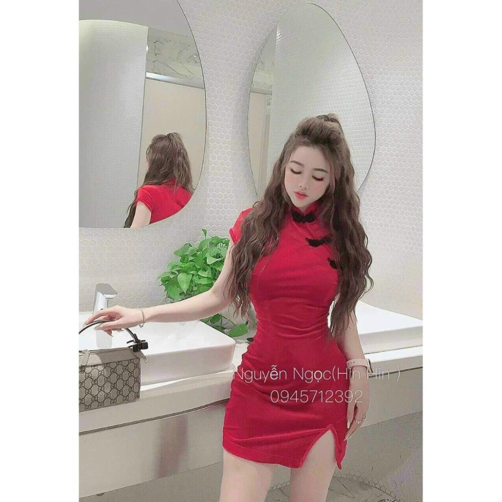 TCO- Đầm cổ tàu xẻ tà áo dài cách tân sườn xám nhung cao cấp dự tiệc du xuân Tết chụp hình