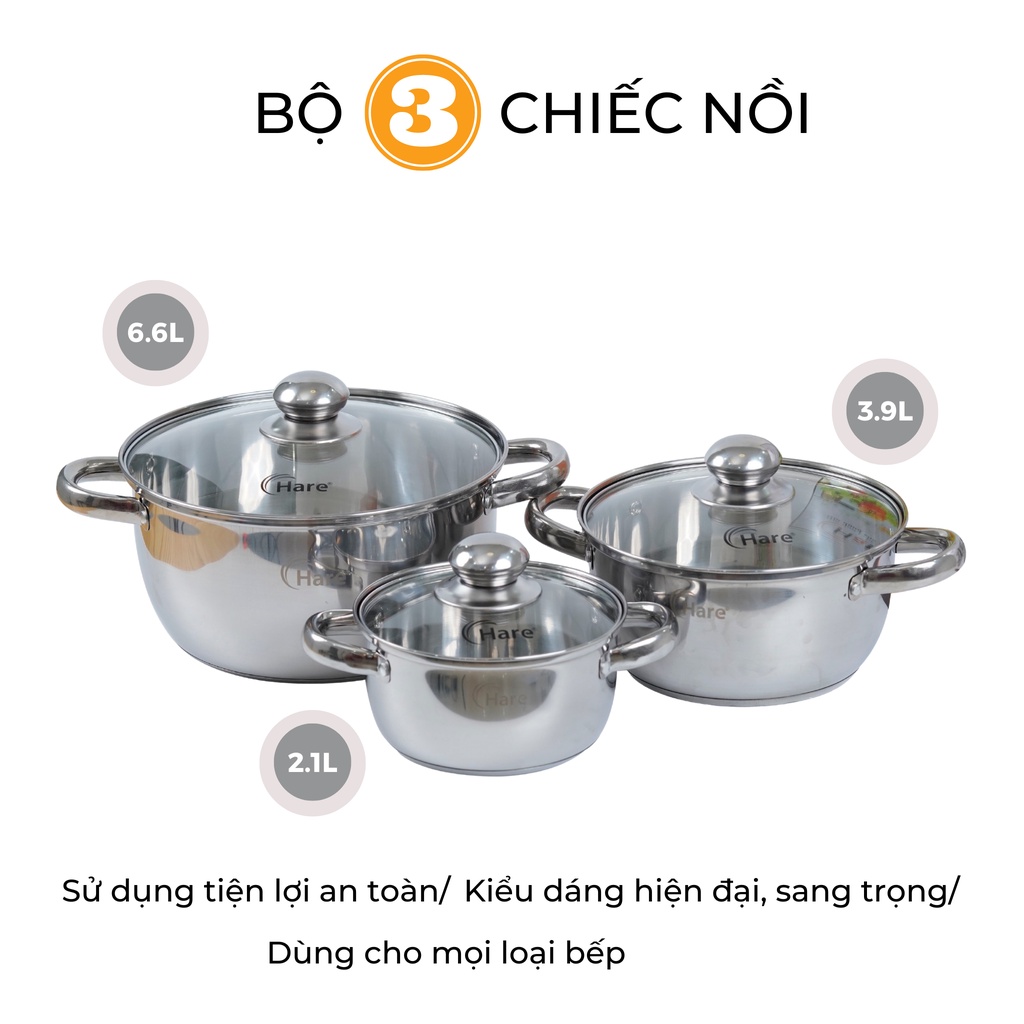 Bộ nồi inox đáy từ HR-S301 (16,20,24cm) - thương hiệu Hare -  lỗi 1 đổi 1