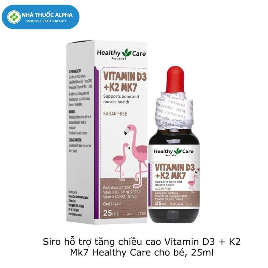 Siro hỗ trợ tăng chiều cao Vitamin D3 + K2 Mk7 Healthy Care cho bé, 25ml