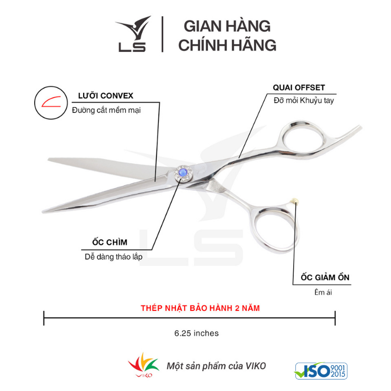 Kéo cắt tóc LS lưỡi thẳng quai offset vênh đỡ ngón cố định FA53/6.25