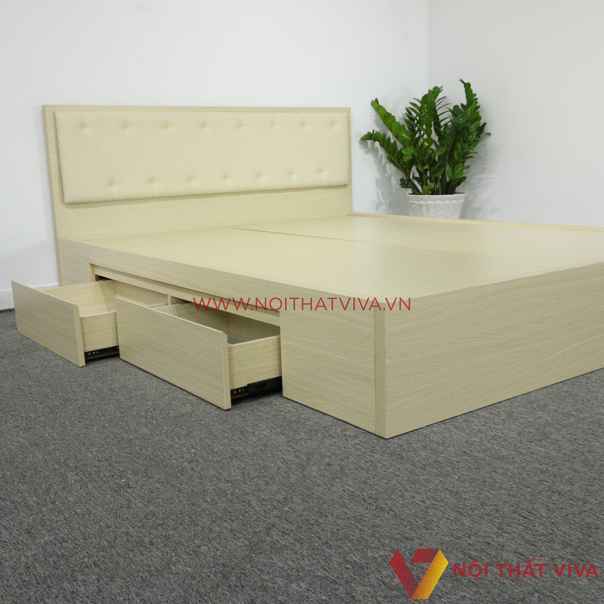 Giường Ngủ Gỗ MDF Melamine Màu Vàng Kem Có Ngăn Kéo + Đầu Nệm Đẹp