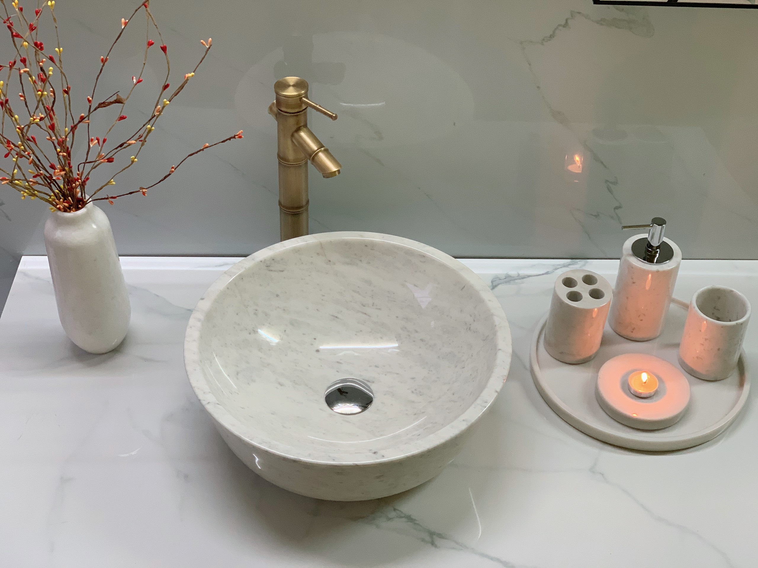 LAVABO ĐẶT BÀN ĐÁ ĐÁ TỰ NHIÊN TRÒN DÀY MÀU TRẮNG SỮA BST91