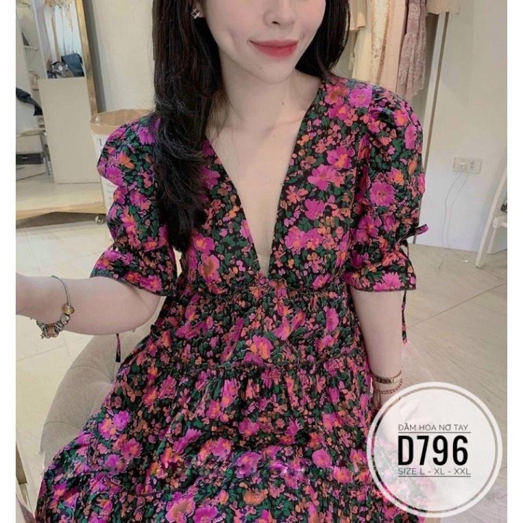 bigsize 60-90KG vmart Đầm hoa nơ tay D796 hàng Quảng Châu cao cấp chiết eo giấu bụng