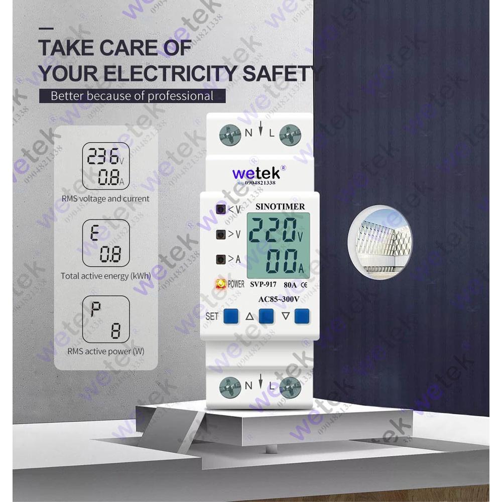 SVP-917 Công tơ kiêm bảo vệ điện áp, dòng điện, LCD, 9999.9kWh (2 chiều), 85~300Vac, 1~80A, đo V A kWh kW, Sinotimer