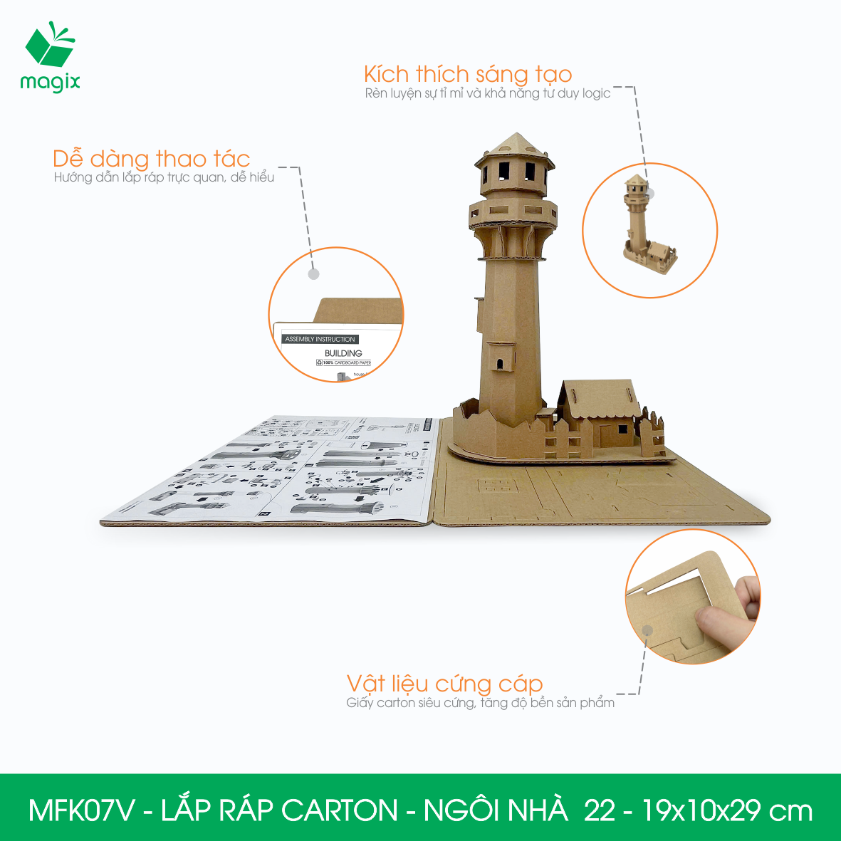 MFK07V - 19x10x29 cm - Mô hình ngôi nhà lắp ráp từ bìa carton cao cấp, nhà giấy carton mini sáng tạo