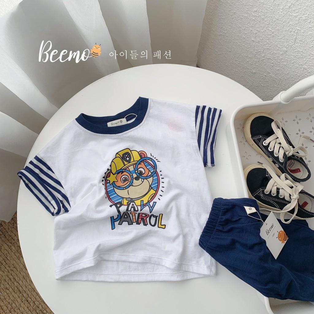 Set áo phông quần ngố bé trai họa tiết phối tay kẻ phong cách Hàn Quốc size 9-23kg