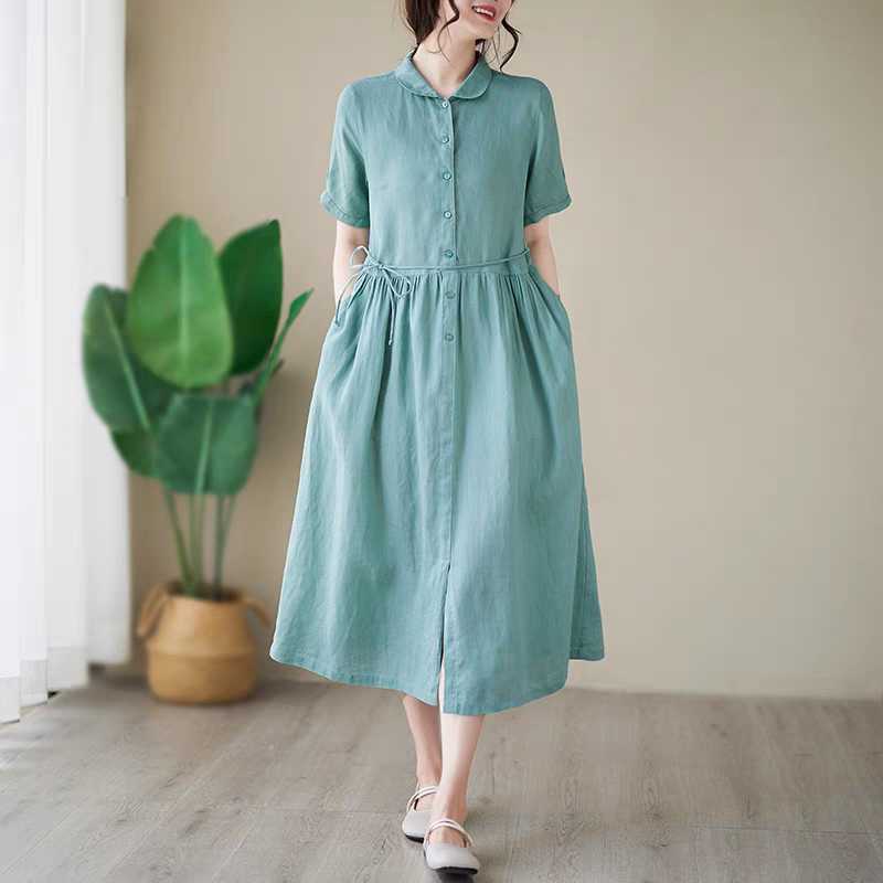 Đầm váy nữ thiết kế dáng suông có thắt eo chất liệu linen dễ mặc mẫu mới