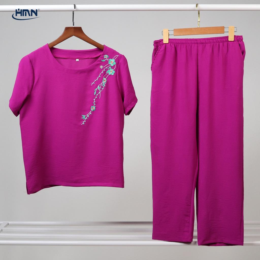 Set đồ bộ trung niên nữ áo thun tay ngắn thêu hoa vai rũ và quần Dài/lửng vải đũi linen mềm mịn - HMN Fashion