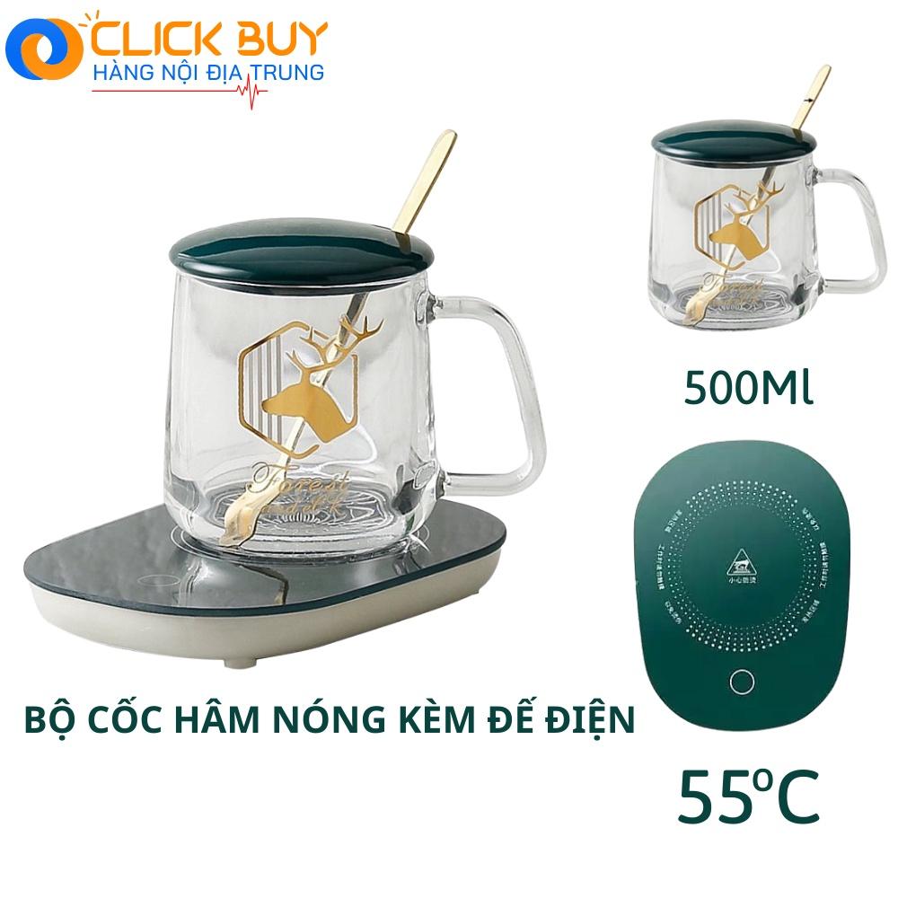 Bộ Cốc Hâm Nóng Giữ Nhiệt Ly Thủy Tinh Kèm Đế Điện Hâm Nóng Cafe , Sữa , Trà Đồ Uống - Tặng Thìa Mạ Vàng