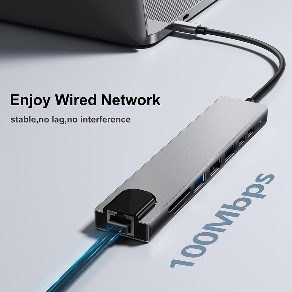 Bộ Chia USB 3 0 USB Type C 3.0 Hub USB C Bộ Chia Loại C Sang HDMI Đầu Đọc Thẻ 8 Trong 1 PD RJ45 Cho Phụ Kiện Máy Tính
