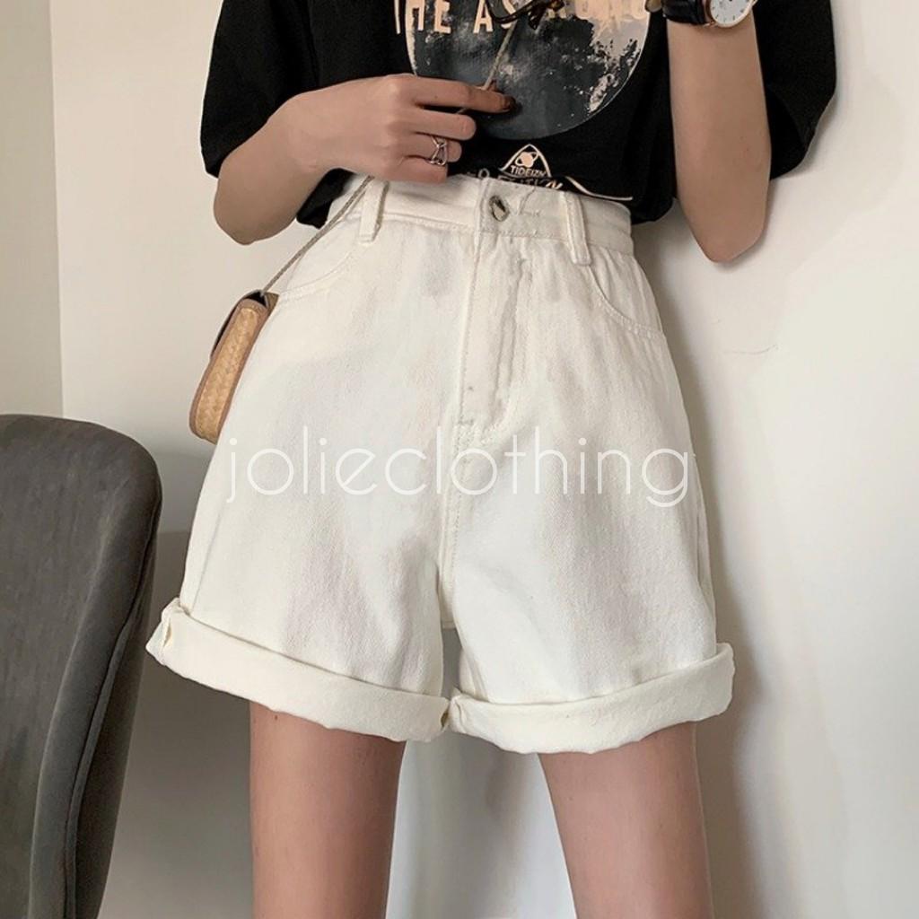Quần Short Kaki Lửng Ulzzang Quần đùi denim ngố Ống rộng cạp cao trắng đen kem Dáng Hàn Quốc