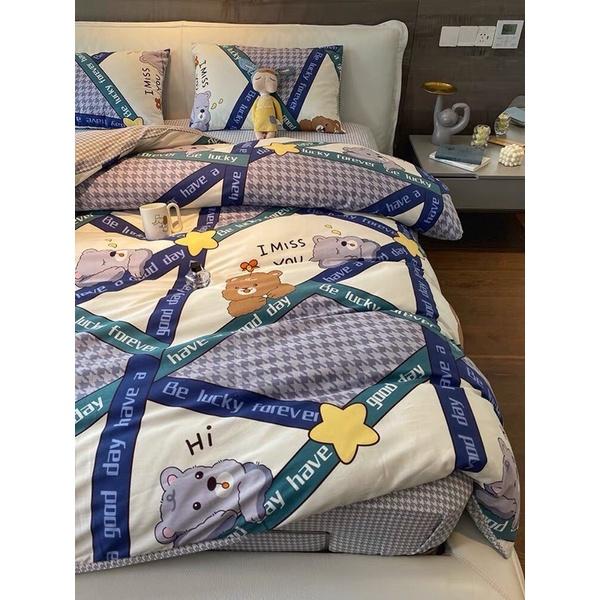 Bộ Chăn Ga Gối Cotton Living 100%cotton Hàng Nhập Khẩu Cao Cấp 4 Món Gấu Teddy