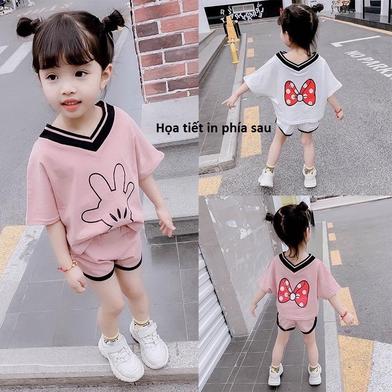 Bộ quần áo thể thao cho bé gái, ngắn tay mát mẻ, in mickey, may viền