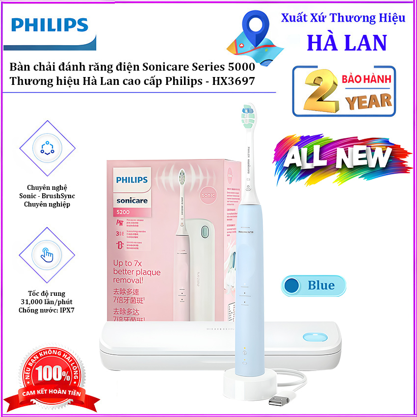 Bàn chải đánh răng điện Philips Sonicare Series 5200. Thương hiệu Hà Lan cao cấp Philips - HX3697. Hàng chính hãng