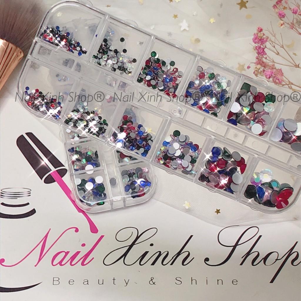 Khay nail 12 ô, phụ kiện trang trí móng tay, đá nail AB, đá chân bạc (1440 viện đá mix size/set) phụ kiện nail hot 2020