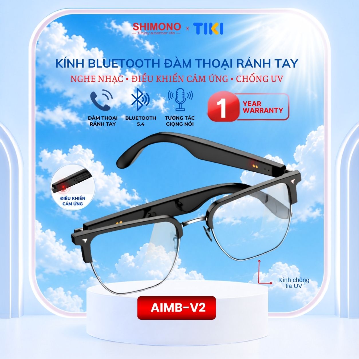 Kính Thông Minh Bluetooth SHIMONO AIMB-V2 Nghe Nhạc OpenEar, Đàm Thoại Rảnh Tay, Điều Khiển Cảm Ứng Hàng Chính Hãng