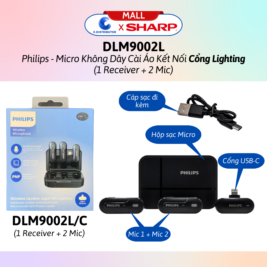 Micro không dây cài áo Philips kết nối cổng Lighting DLM9002L / cổng USB-C DLM9002C (1Receiver + 2Mic) - Hàng Chính Hãng