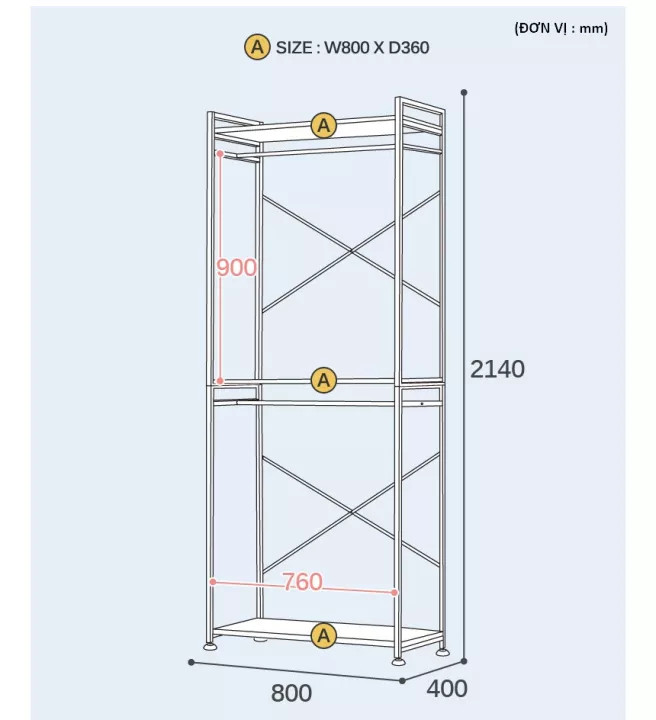 Tủ treo, móc quần áo Tủ áo móc treo 2 tầng, sản phẩm xuất khẩu,hàng lắp ráp,W800mm x D400mm x H2150mm