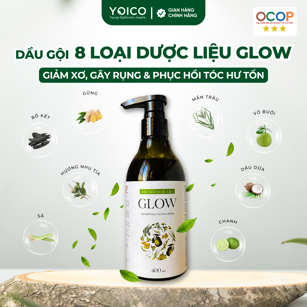 Dầu Gội Dược Liệu Glow 400ml - Giảm Xơ, Giảm Gãy Rụng &amp; Phục Hồi Tóc Hư Tổn