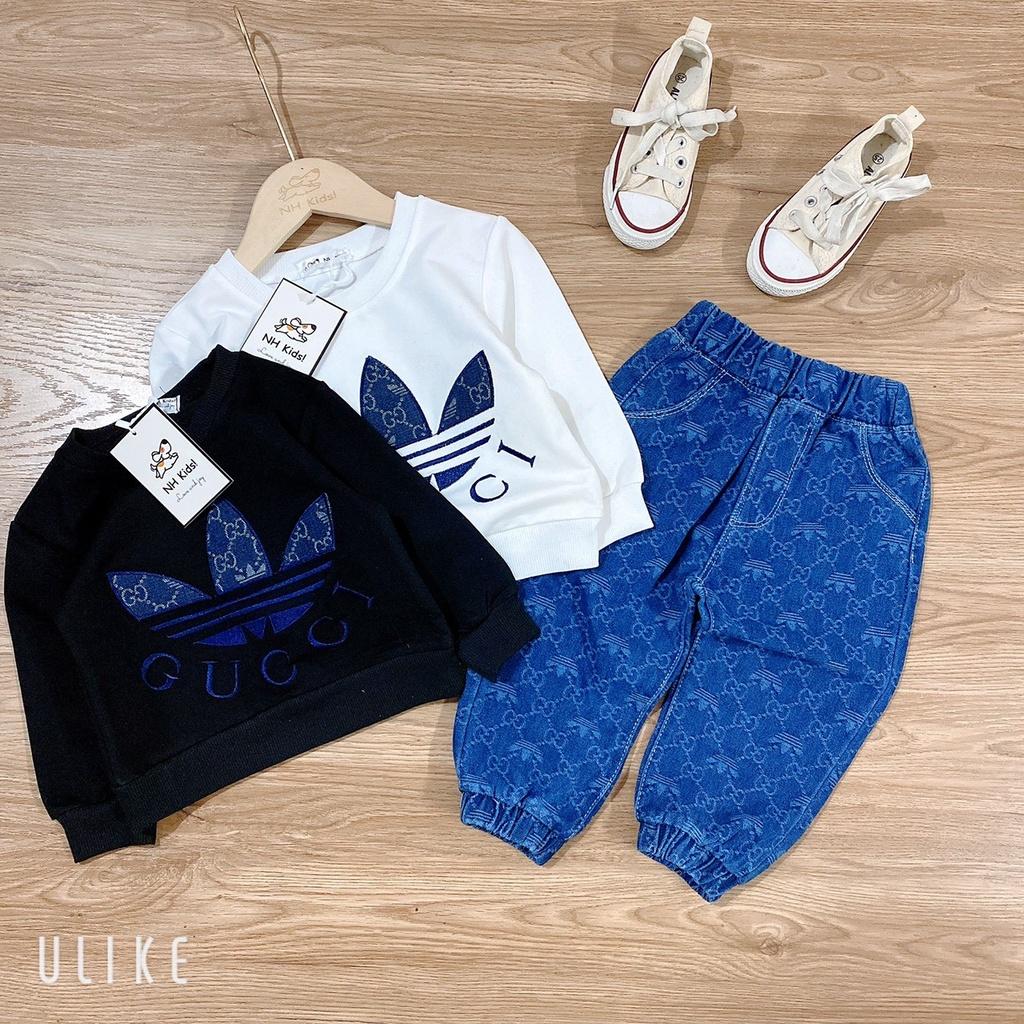 Set jean bé trai, Set Jean thu đông cho bé trai Áo da cá tàu quần bò dệt NB1001