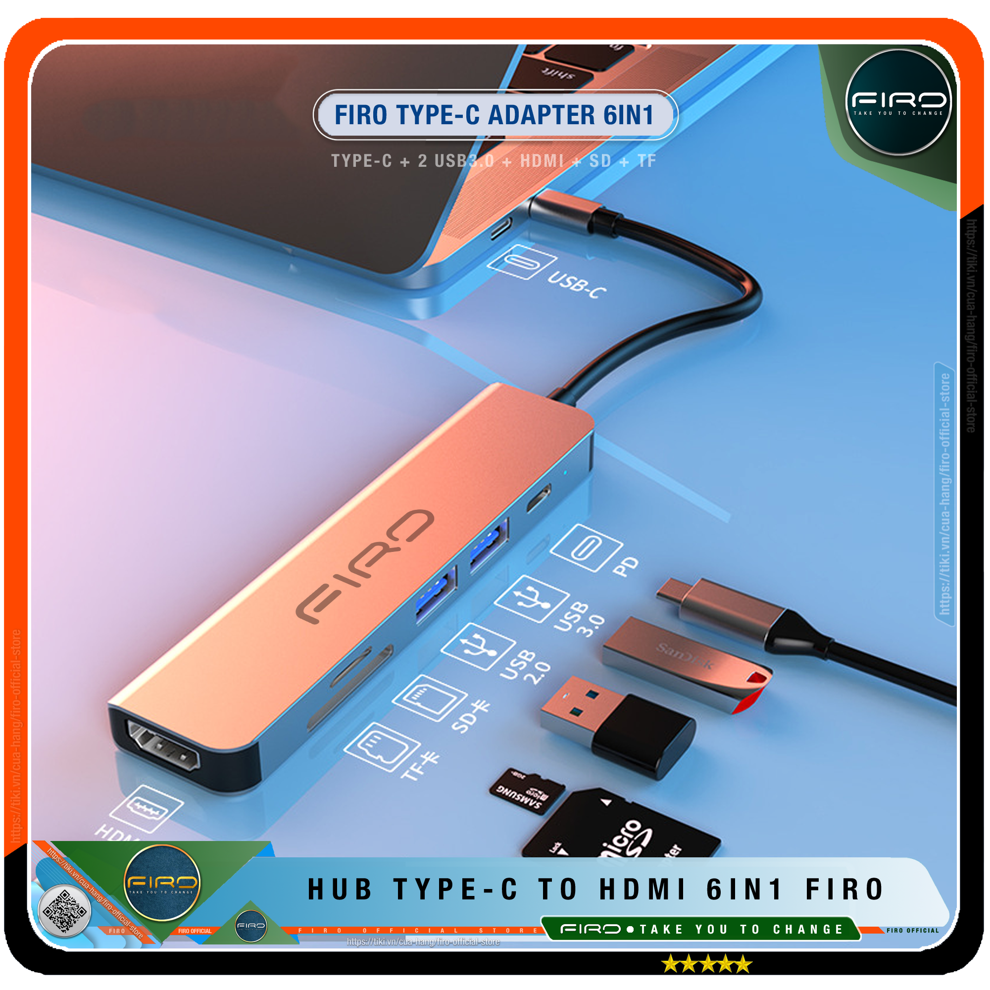 Hub USB Type-C To HDMI FIRO 6in1 Chuẩn HDTV - Hub Chuyển Đổi Type-C Chia 6 Cổng - 1 Cổng HDMI/HDTV 4K, 2 Cổng USB 3.0, 2 Khe Đọc Thẻ TF Và SD, 1 Cổng Sạc Nhanh Type C PD - Kết Nối Tốc Độ Cao - Hub USB FIRO – Hàng Chính Hãng