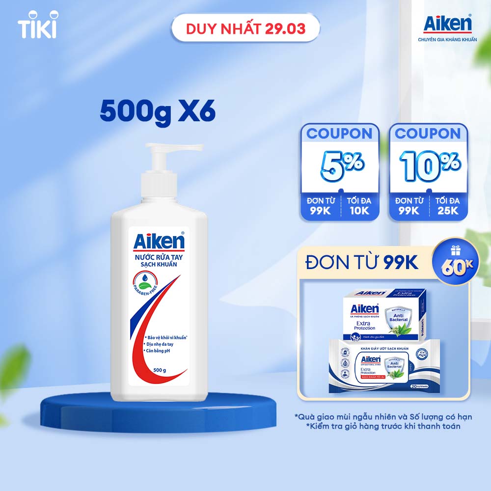 Combo 6 nước rửa tay xà phòng sạch khuẩn Aiken 500g / chai