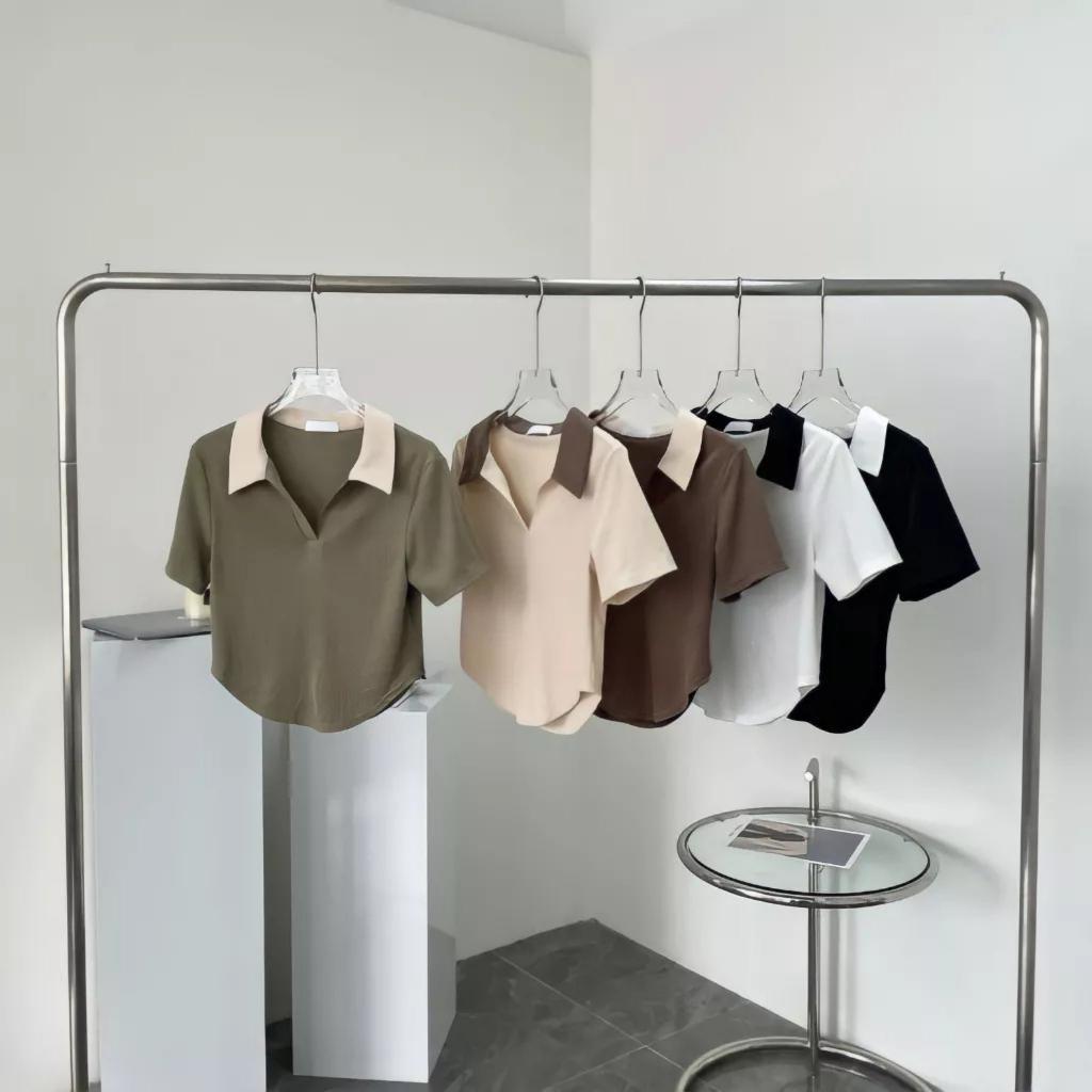 Áo Polo Nữ Cộc Tay Chất Thun Gân Co Dãn 4 Chiều Cổ V