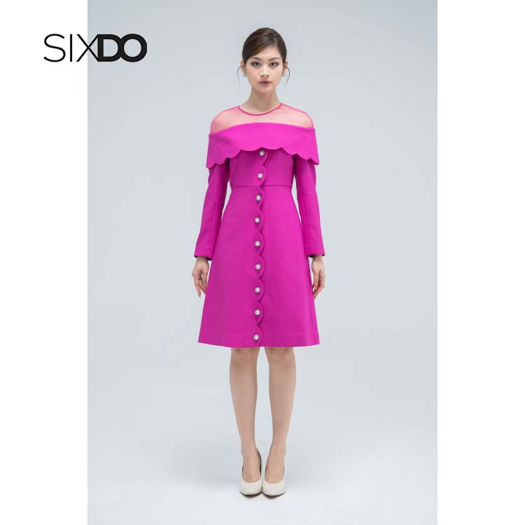 Đầm nữ ôm woven phối vai lưới cúc ngọc SIXDO