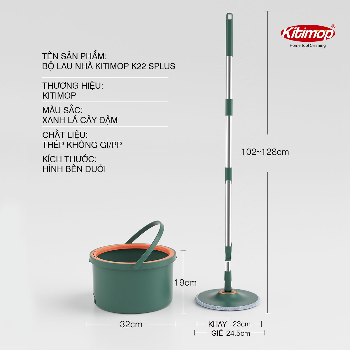 Bộ lau nhà tách nước bẩn Kitimop K22 Plus có thùng lau nhà tự vắt 2 ngăn riêng biệt, cây lau nhà 360 độ lau sàn làm sạch, bảo hành 12 tháng, 2 bông lau