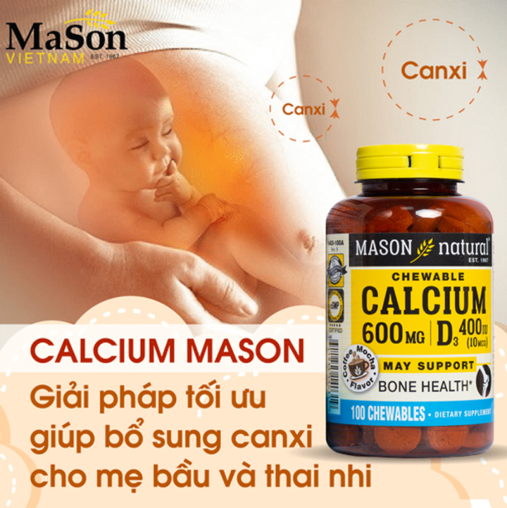 Viên nhai bổ sung canxi và vitamin D3 Mason Natural Chewable Calcium 600MG + D3 vị cafe mocha