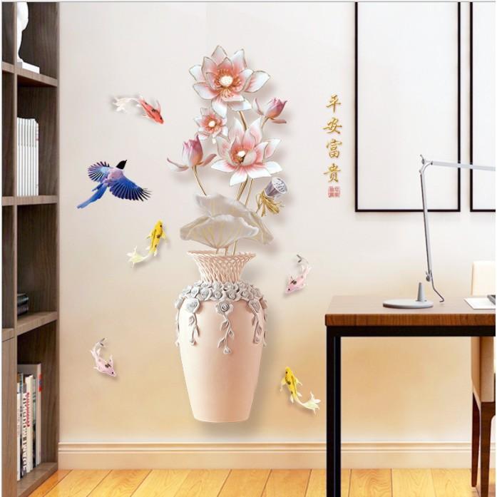Decal trang trí tường - Chậu và Hoa Sen trắng hồng nhạt 3D mới